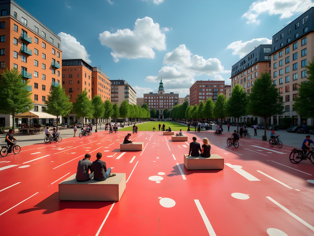 Colorful Superkilen Park in Nørrebro with distinctive red square and diverse urban elements