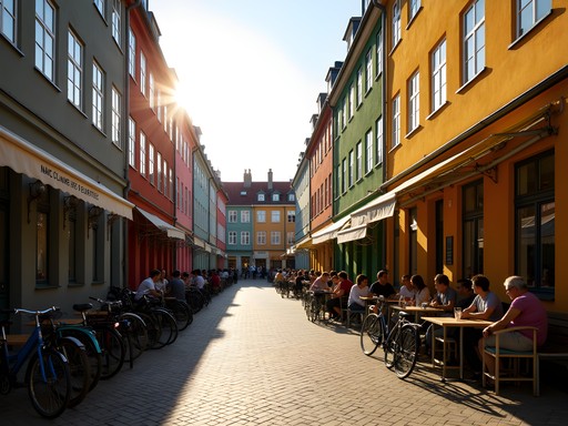 Vibrant street scene in Vesterbro neighborhood with locals enjoying outdoor cafes