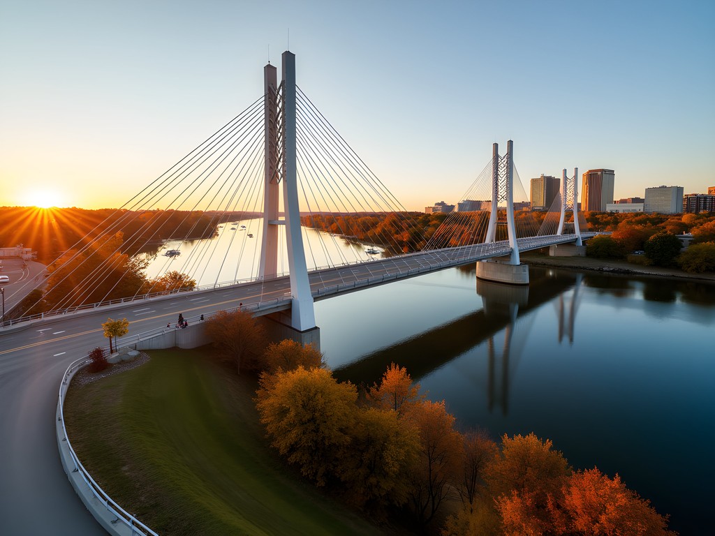 Bob Kerrey Pedestrian Bridge spanning Missouri River with fall foliage in Council Bluffs Iowa