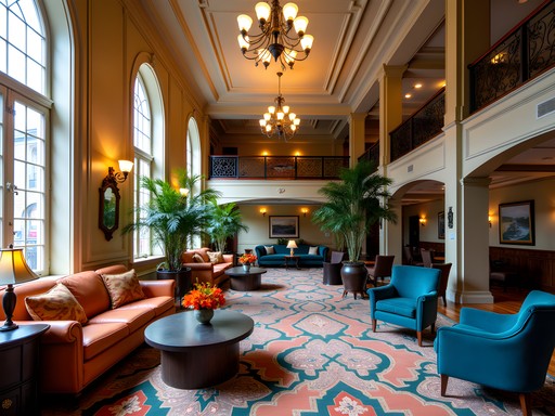 Elegant historic lobby of Hotel Covington with original architectural details and modern furnishings