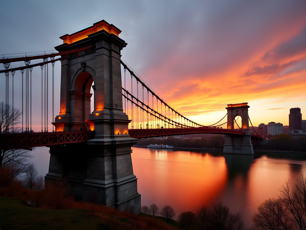 Historic Roebling Suspension Bridge connecting Covington to Cincinnati at sunset with golden light