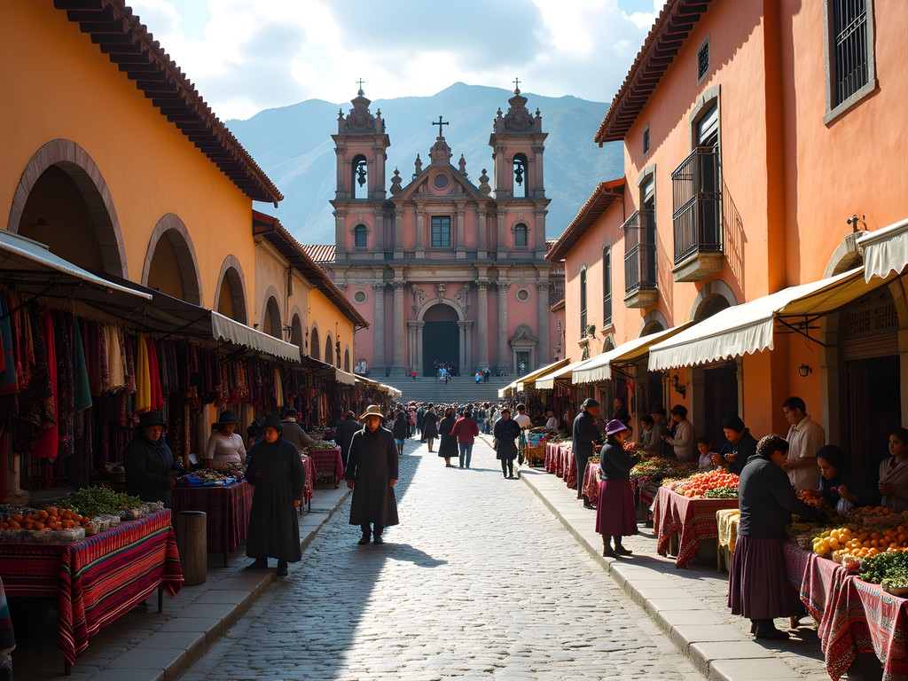 Plaza San Francisco in Cusco with local Saturday market, colonial church and locals shopping for produce and textiles