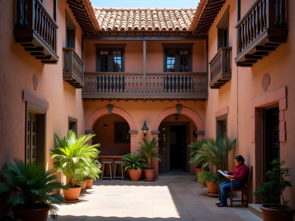 Hidden courtyard in San Blas quarter with colonial architecture, potted plants, and local artisans working