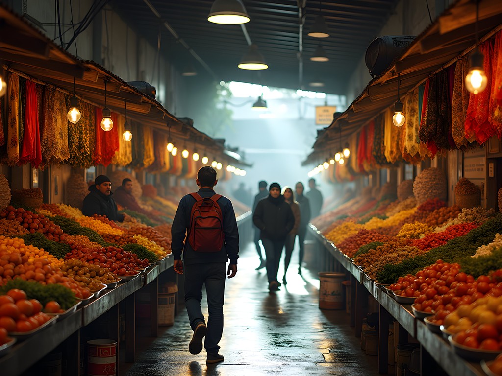 Colorful market scene in Alberdi neighborhood with diverse vendors and products