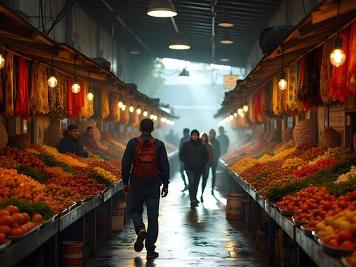 Colorful market scene in Alberdi neighborhood with diverse vendors and products