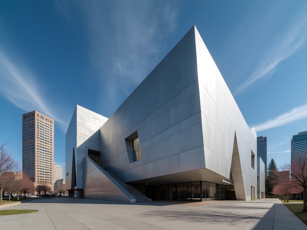 Striking angular architecture of Denver Art Museum with blue sky