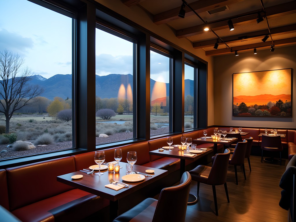 Modern restaurant in Denver with art displays and mountain views