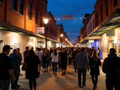 Crowded street scene during First Friday art walk in Denver's Santa Fe Arts District