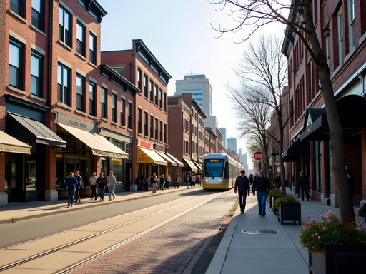 Historic buildings on Welton Street in Five Points neighborhood with light rail and pedestrians