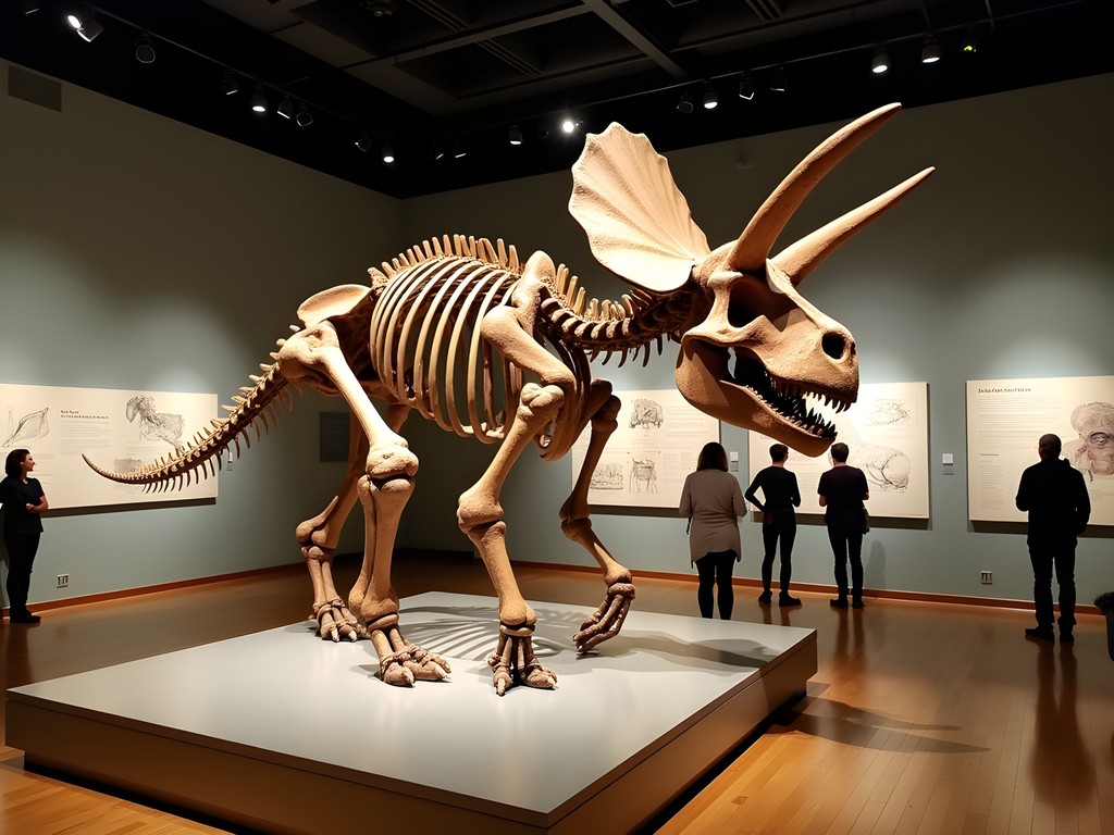 Triceratops fossil display at Dickinson Museum Center with educational panels