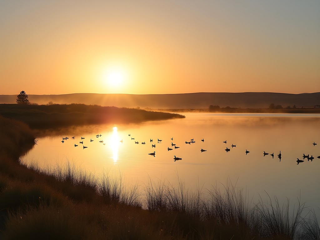 Patterson Lake at sunrise with waterfowl and riparian vegetation