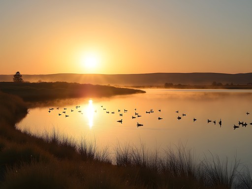 Patterson Lake at sunrise with waterfowl and riparian vegetation