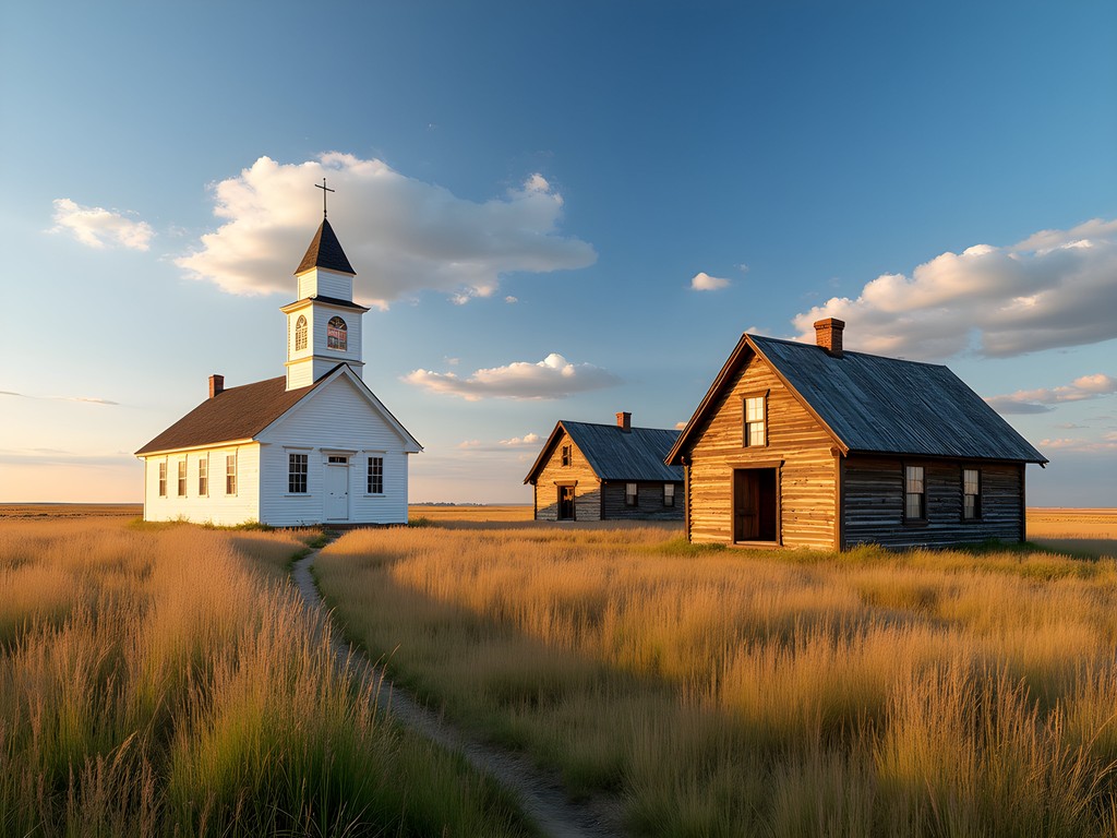 Historic wooden buildings at Prairie Outpost Park with native grasses in foreground