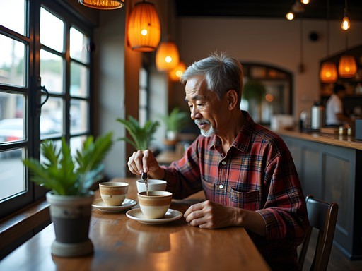 Noah Rice taking notes at a contemporary coffee shop in Dili with local coffee being served