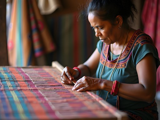 East Timorese woman demonstrating traditional tais weaving techniques in Dili market