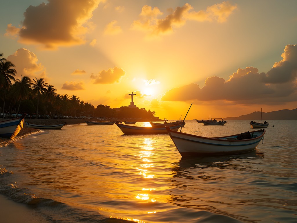 Sunrise over Dili's waterfront with Cristo Rei statue visible in distance
