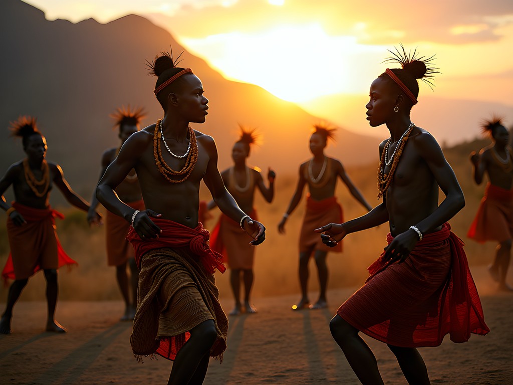 Traditional Zulu dance performance in Thendele village at sunset with Drakensberg mountains in background
