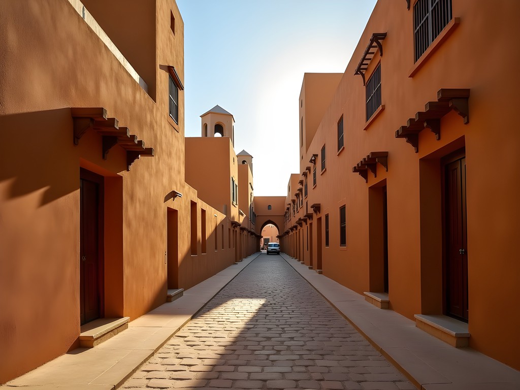 Early morning light illuminating the ochre buildings and wind towers of Al Fahidi Historical District
