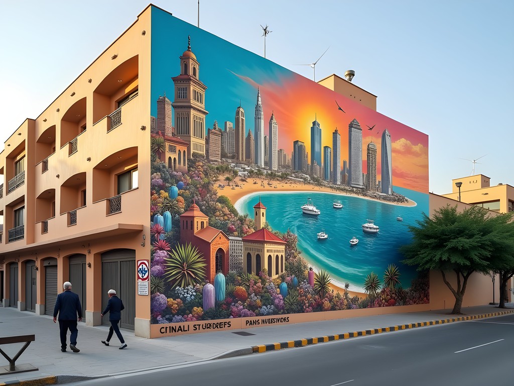 Colorful street art mural in Karama neighborhood depicting traditional and modern Dubai elements