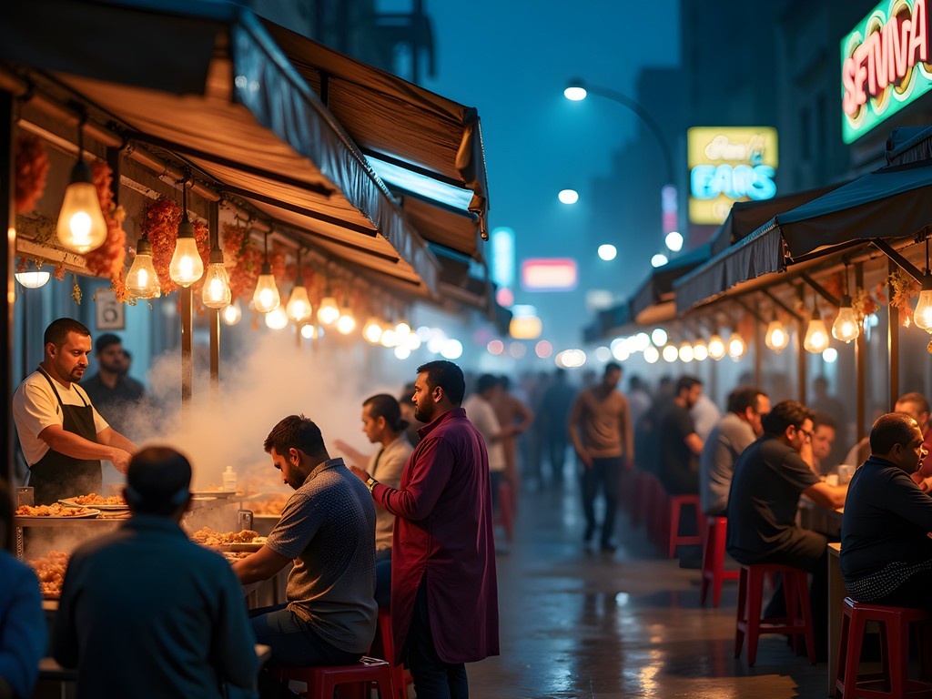 Vibrant evening street food scene in Satwa neighborhood with colorful lighting and diverse food stalls