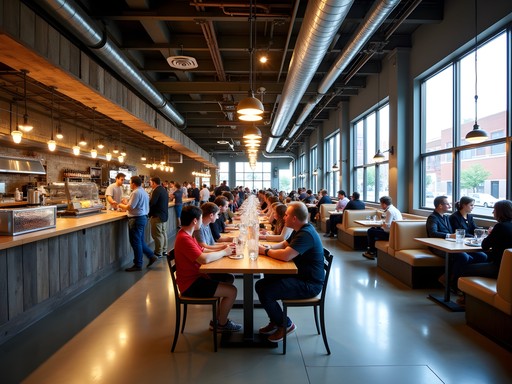 Interior of Around the Rails food hall in Edmond showing adaptive reuse of industrial space