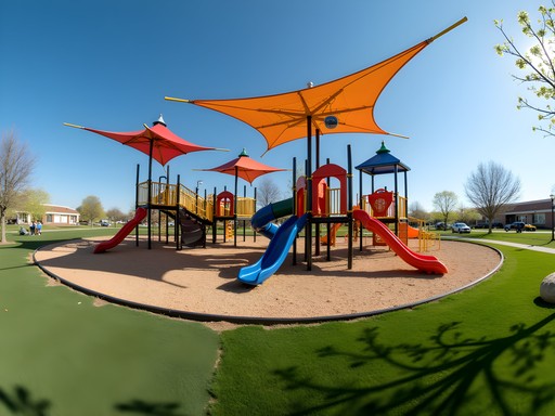 Modern playground structures at Mitch Park in Edmond, Oklahoma