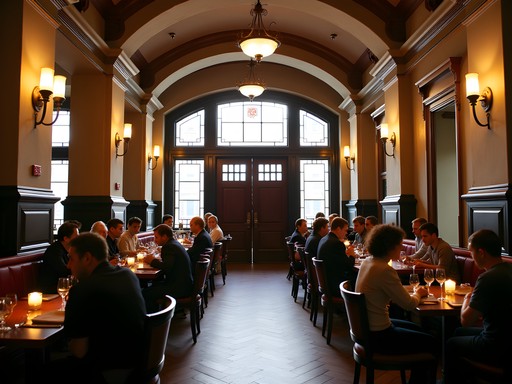 Couple dining in repurposed historic bank building restaurant in Elgin