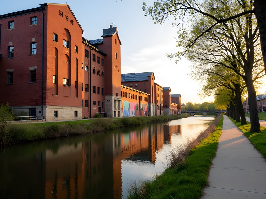 Historic industrial buildings along Fox River with street art