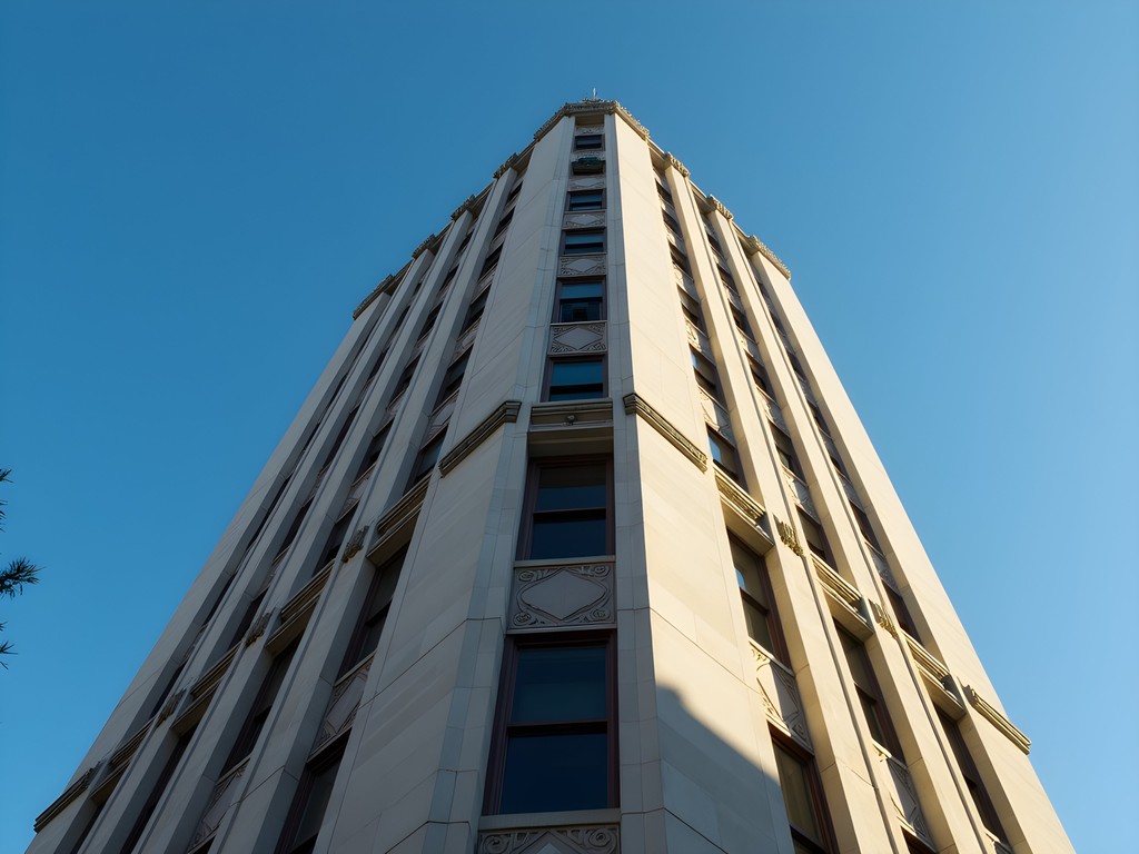 Art Deco Elgin Tower Building against blue spring sky