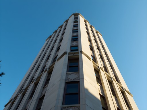 Art Deco Elgin Tower Building against blue spring sky
