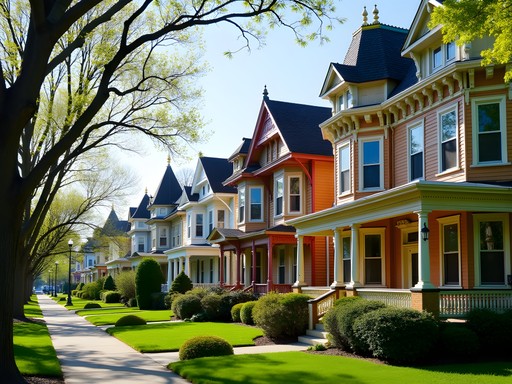 Row of colorful Victorian mansions in Elgin's Lords Park neighborhood