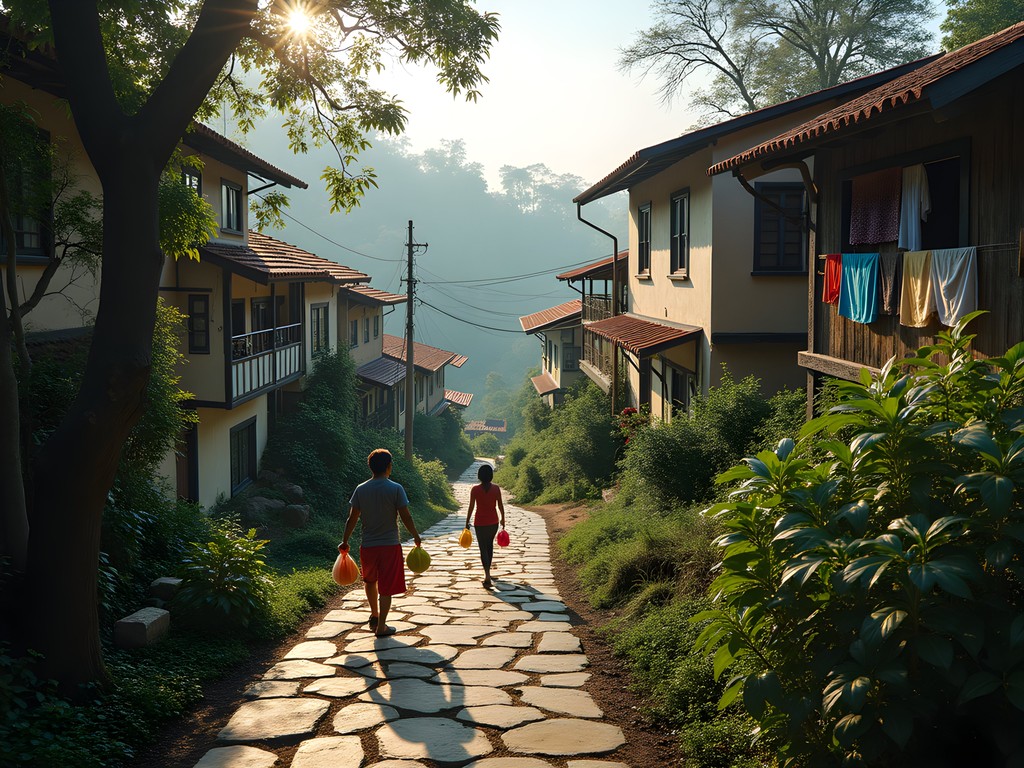 Hidden footpath connecting residential areas in Ella with traditional Sri Lankan homes built into hillside