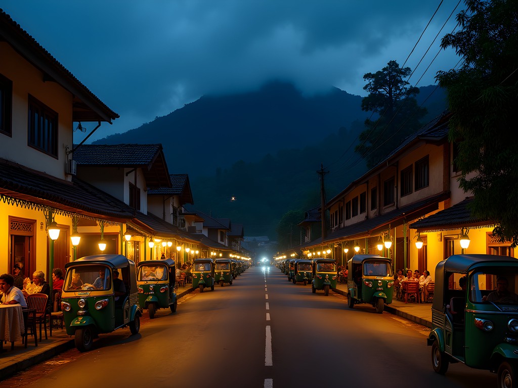 Nighttime view of Ella's illuminated main street with mountains in background