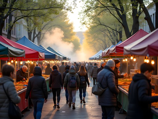 Colorful food stalls at Eugene Saturday Market with local vendors and customers