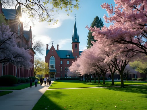 Historic architecture at University of Oregon campus with spring blooms