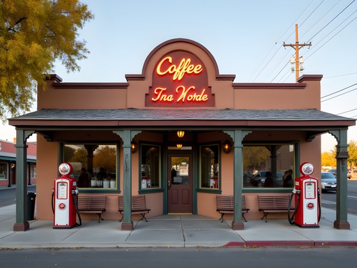 Converted gas station coffee shop in Fernley Nevada with vintage signage