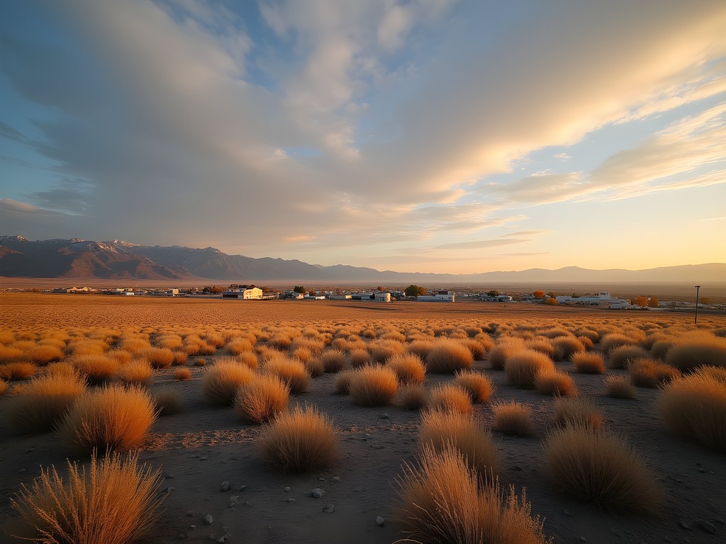 Golden hour light over Fernley Nevada desert landscape with mountains in background