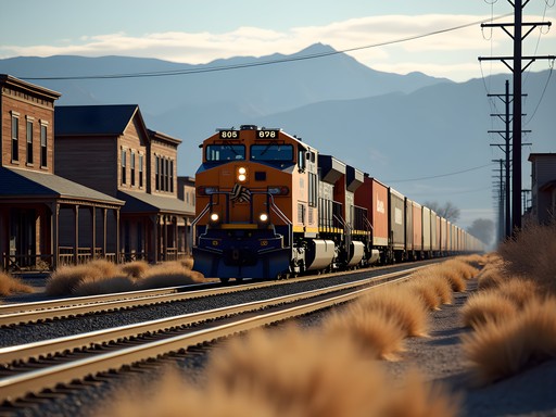 Freight train passing through Fernley Nevada with desert landscape and historic buildings