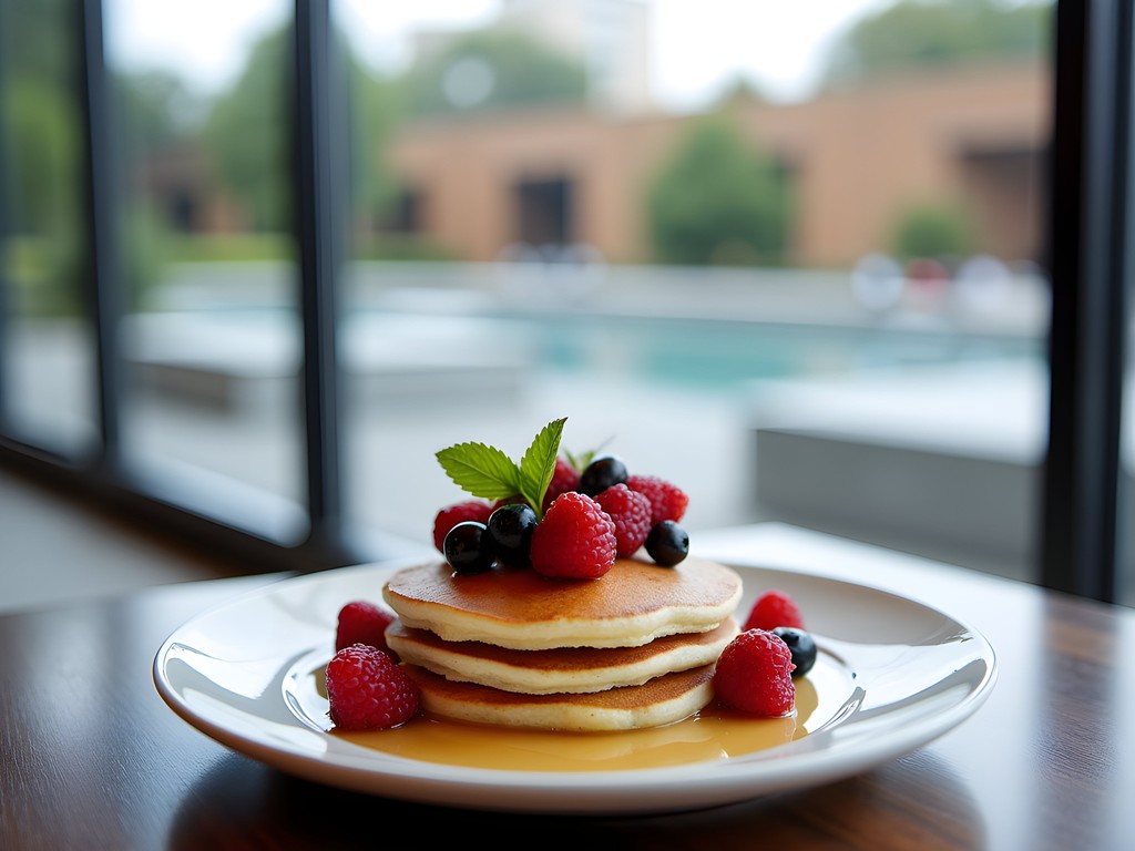 Elegant brunch at Café Modern with reflecting pools visible through windows