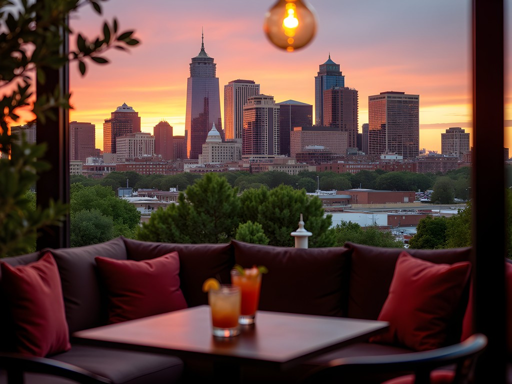 Sunset view from Kimpton Harper Hotel rooftop bar overlooking Fort Worth skyline