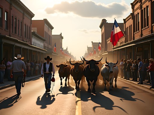 Fort Worth Stockyards historic cattle drive with longhorn cattle and cowboys