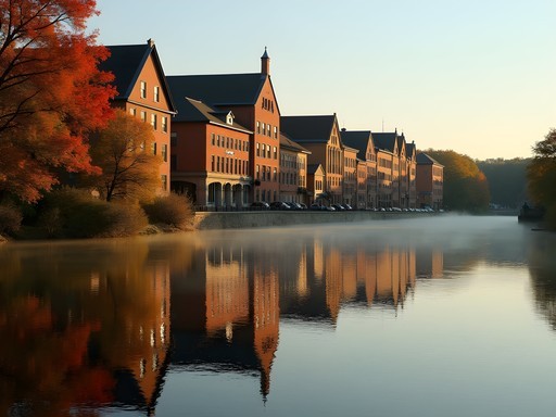 Historic buildings along Fredericton's waterfront with fall colors reflecting in the Saint John River