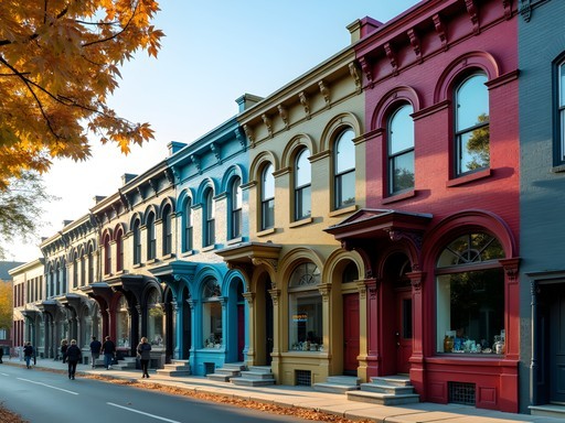 Row of colorful Victorian commercial buildings on Queen Street in Fredericton