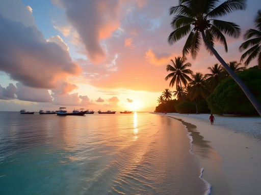Sunset view over Funafuti Lagoon with palm trees silhouetted against orange sky
