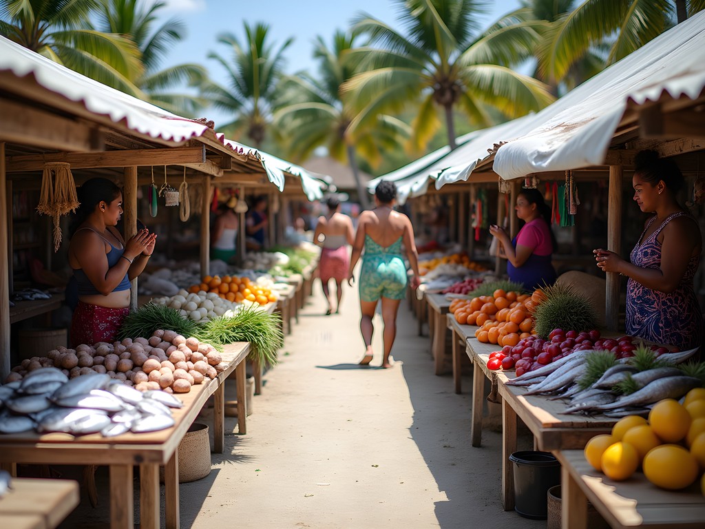Funafuti local market with vendors selling fresh fish, produce and handicrafts
