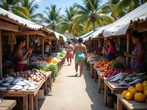 Funafuti local market with vendors selling fresh fish, produce and handicrafts