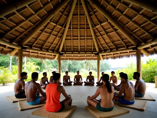 Traditional Tuvaluan maneapa (meeting house) with locals gathering inside