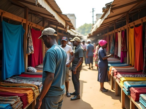 Colorful textile stalls in Garoua's Grand Marché with local vendors