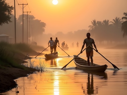 Fishermen on traditional boats on Bénoué River at sunrise in Garoua