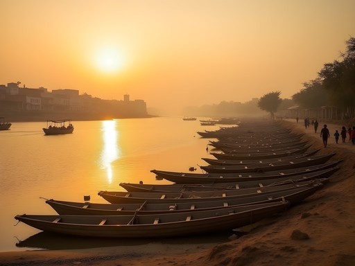 Panoramic view of Bénoué River in Garoua at sunset with traditional boats